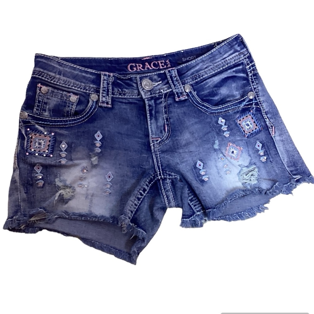 GRACE IN LA DISTRESSED DENIM SHORTS WAIST 26